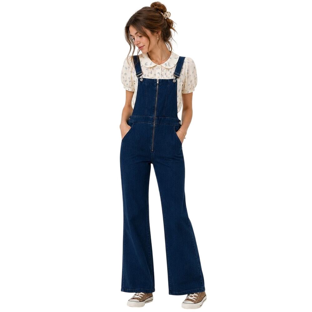 Express Super High Waisted Wide Leg Denim Overalls Size 6L Dark Wash